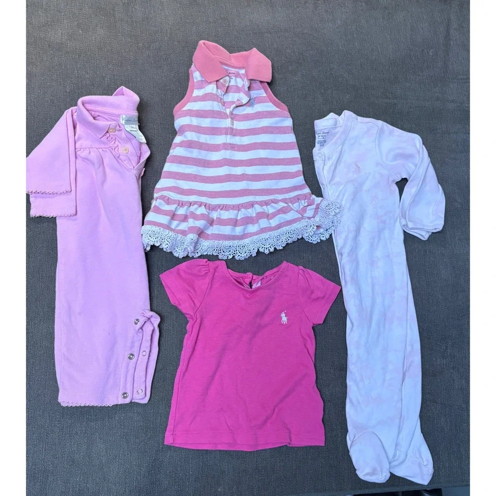 Ralph Lauren Baby Girl 6M 4 Pc Lot Romper Dress Footed Sleeper Shirt Pink Pony